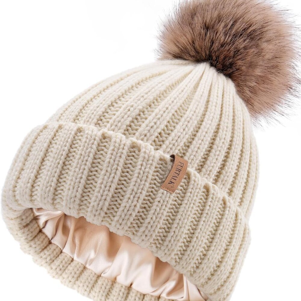 Womens Winter Beanie Hat Satin Lined Faux Fur Pom Pom Beanies Hat for Women Wint
